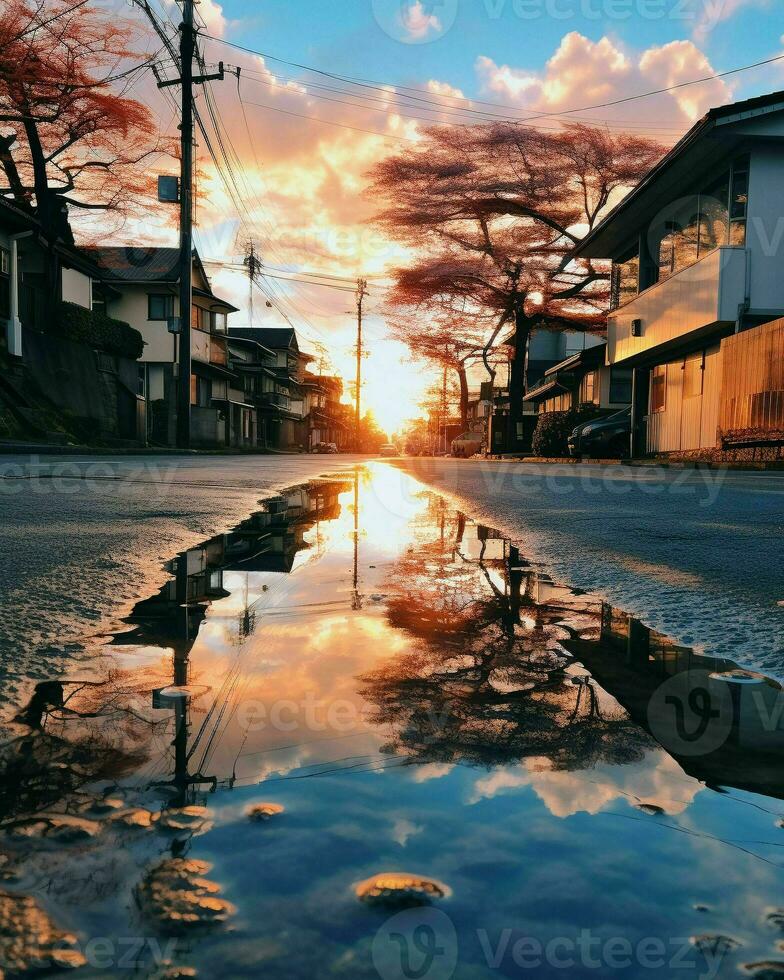 A puddle reflected in a street.Generative AI photo