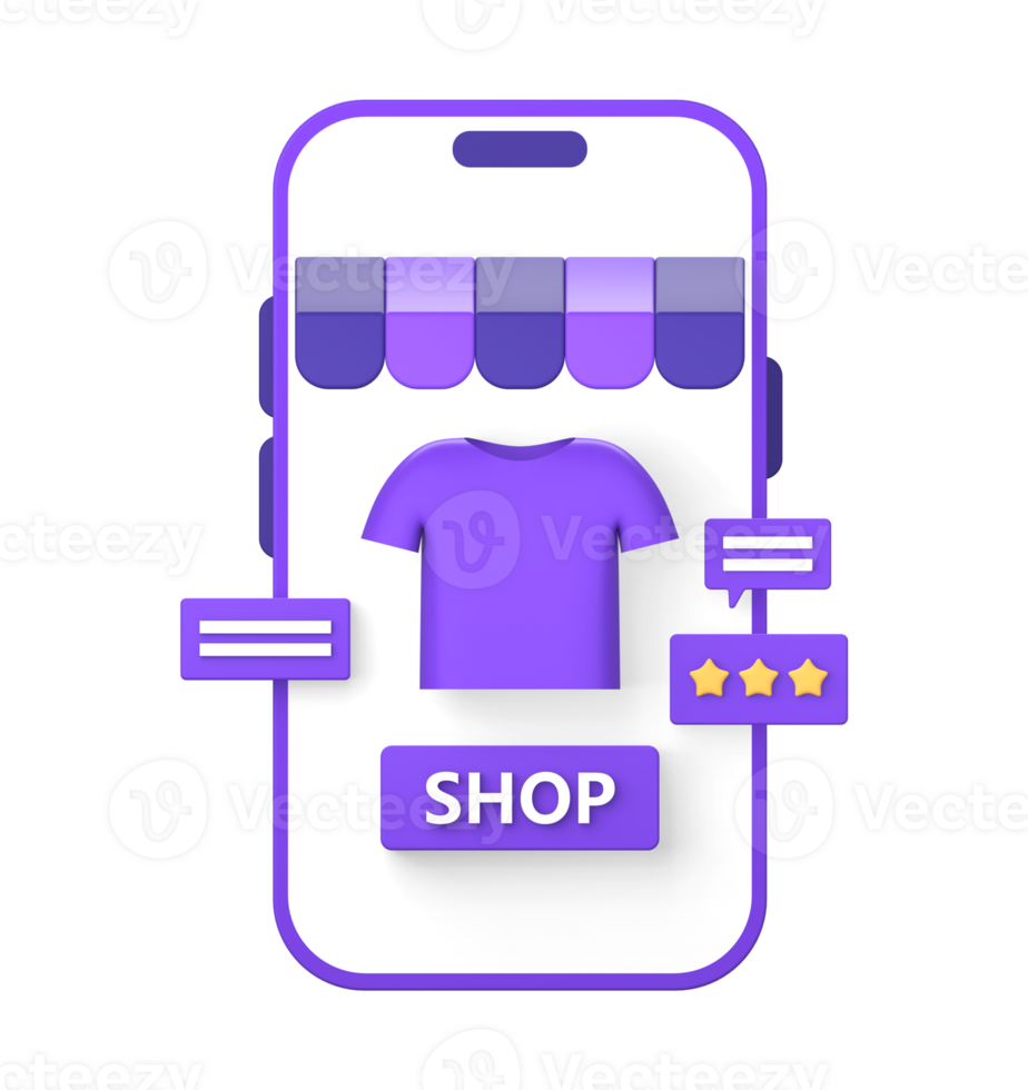 3d lila Illustration Symbol von Einkaufen Rezension im online Marktplatz mit Smartphone png