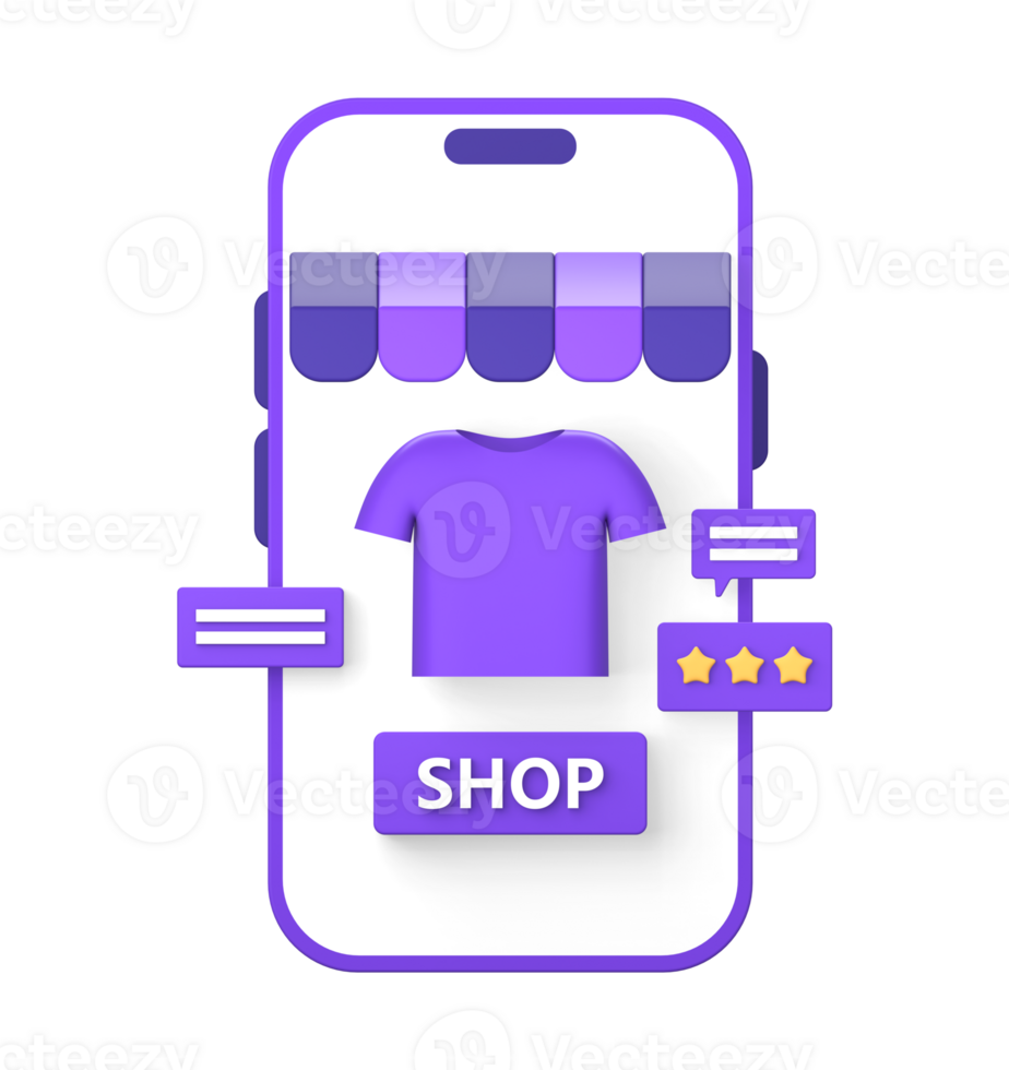 3d purple illustration icon of shopping review in online marketplace using smartphone png