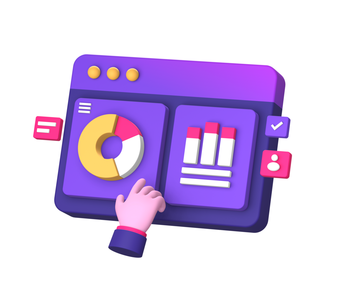 3d purple illustration icon of statistic or infographic graph with hand gesture side for UI UX social media ads design png