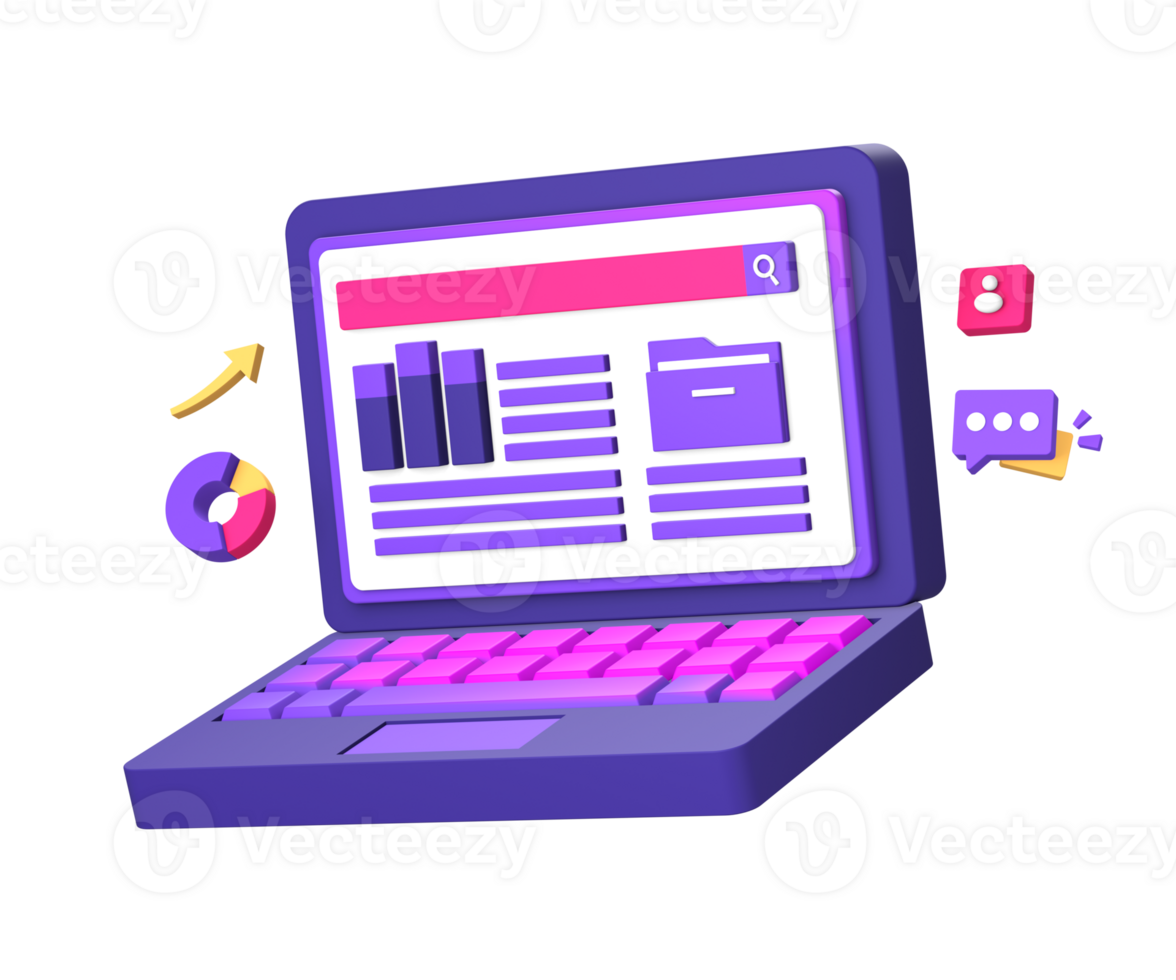 3d purple illustration icon of using a laptop to work or complete a job for UI UX social media ads design png