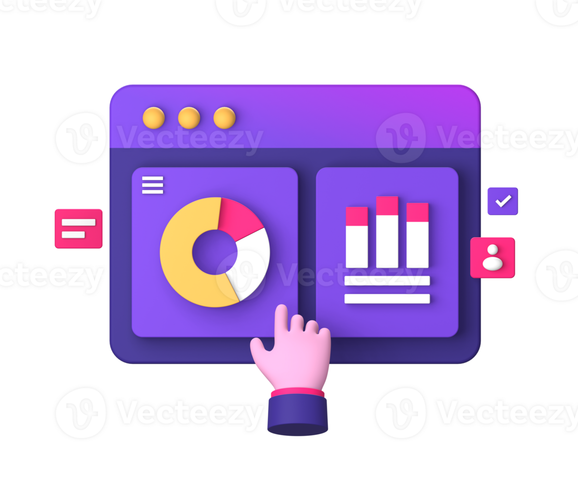 3d purple illustration icon of statistic or infographic graph with hand gesture for UI UX social media ads design png