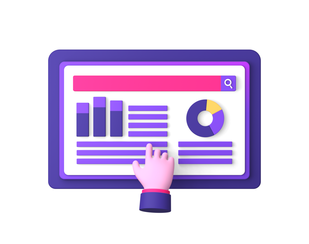 3d purple illustration icon of using tablet phone for business job with hand gesture for UI UX social media ads design png