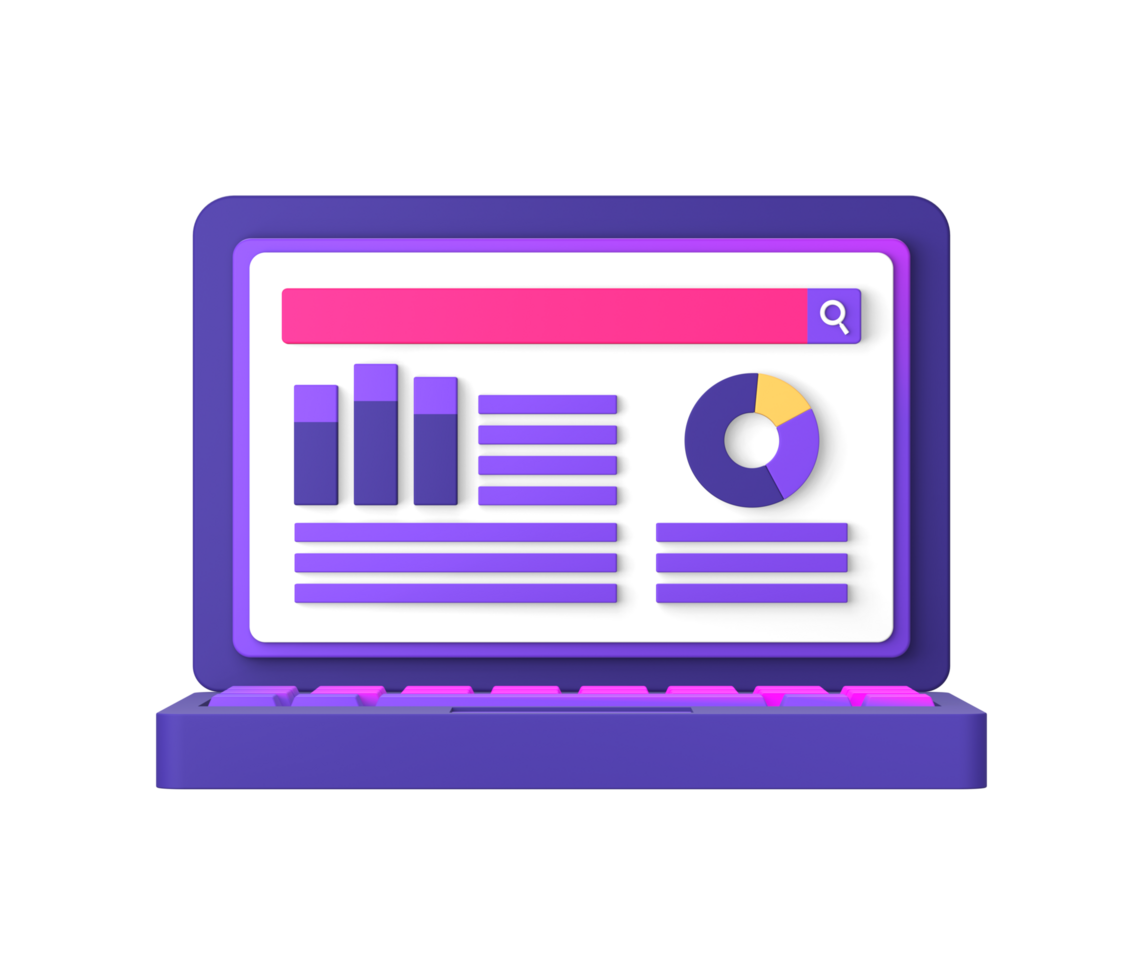 3d purple illustration icon of simple laptop with infographic chart and graph for UI UX social media ads design png