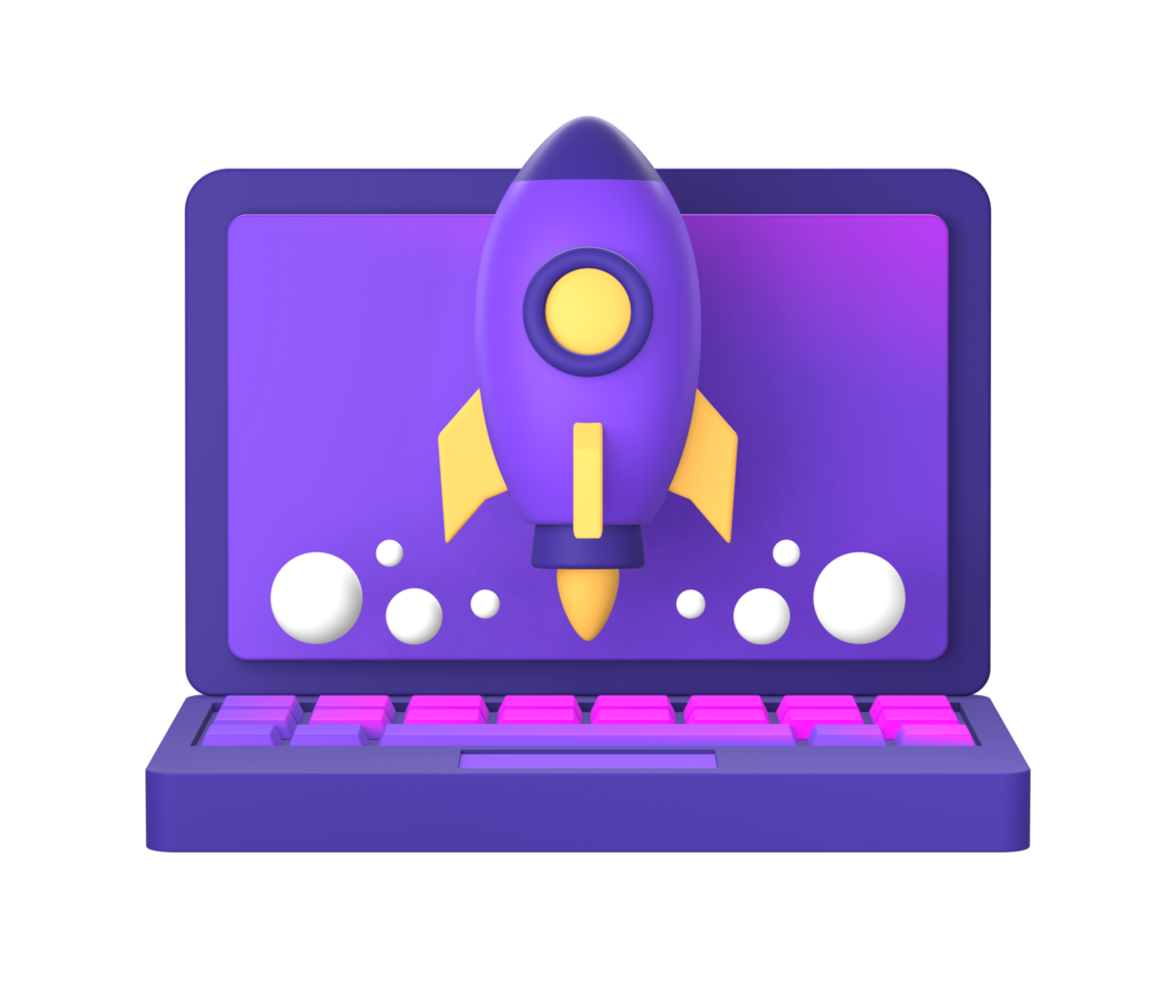 3d purple illustration icon of laptop with spaceship or spacecraft rocket for UI UX social media ads design png
