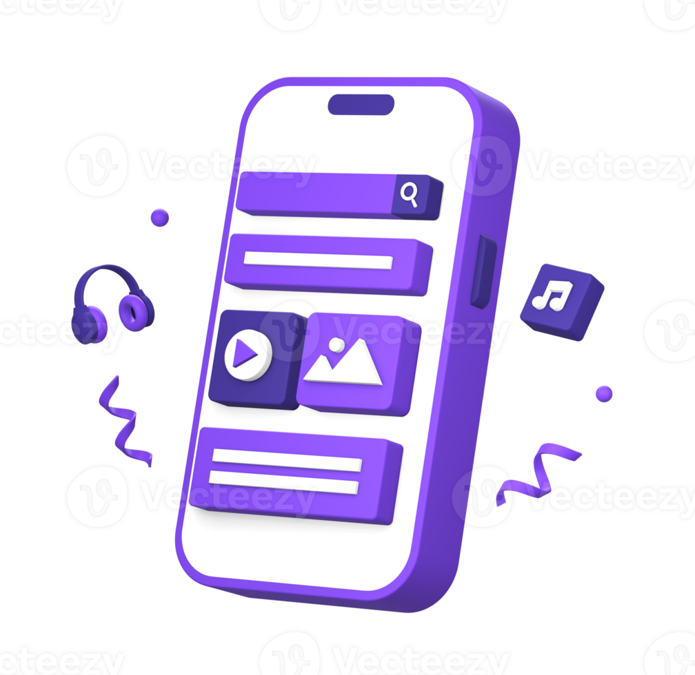 3d purple illustration icon of using smartphone for multimedia music video and content creator with headphone side png
