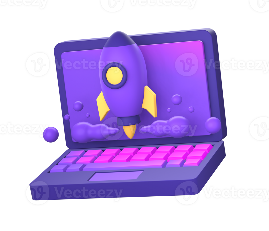 3d purple illustration icon of simple laptop with spaceship or spacecraft rocket side for UI UX social media ads design png