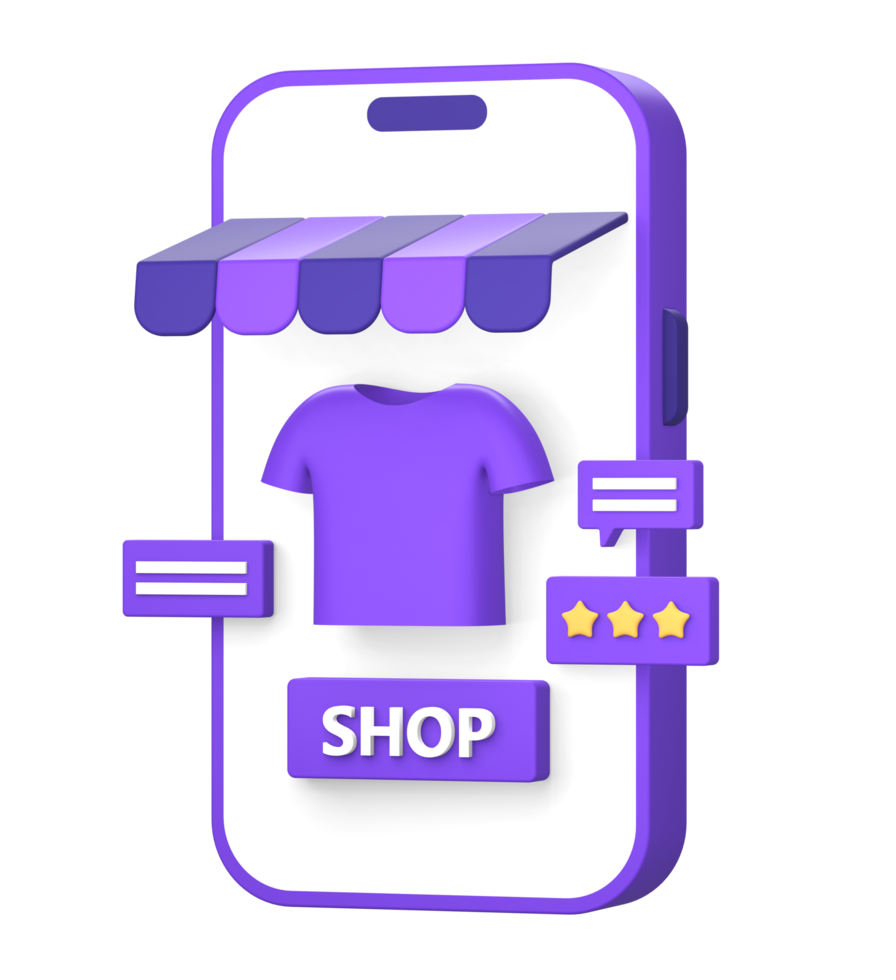 3d purple illustration icon of shopping review in online marketplace using smartphone left side png