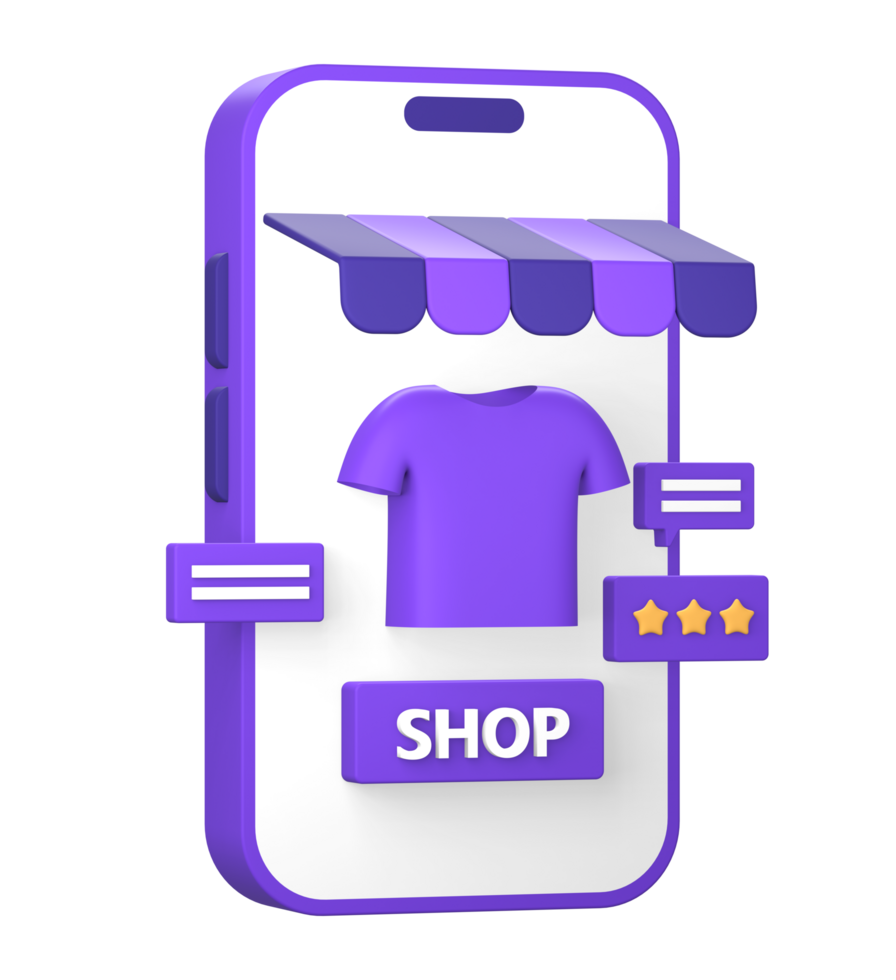 3d purple illustration icon of shopping review in online marketplace using smartphone right side png
