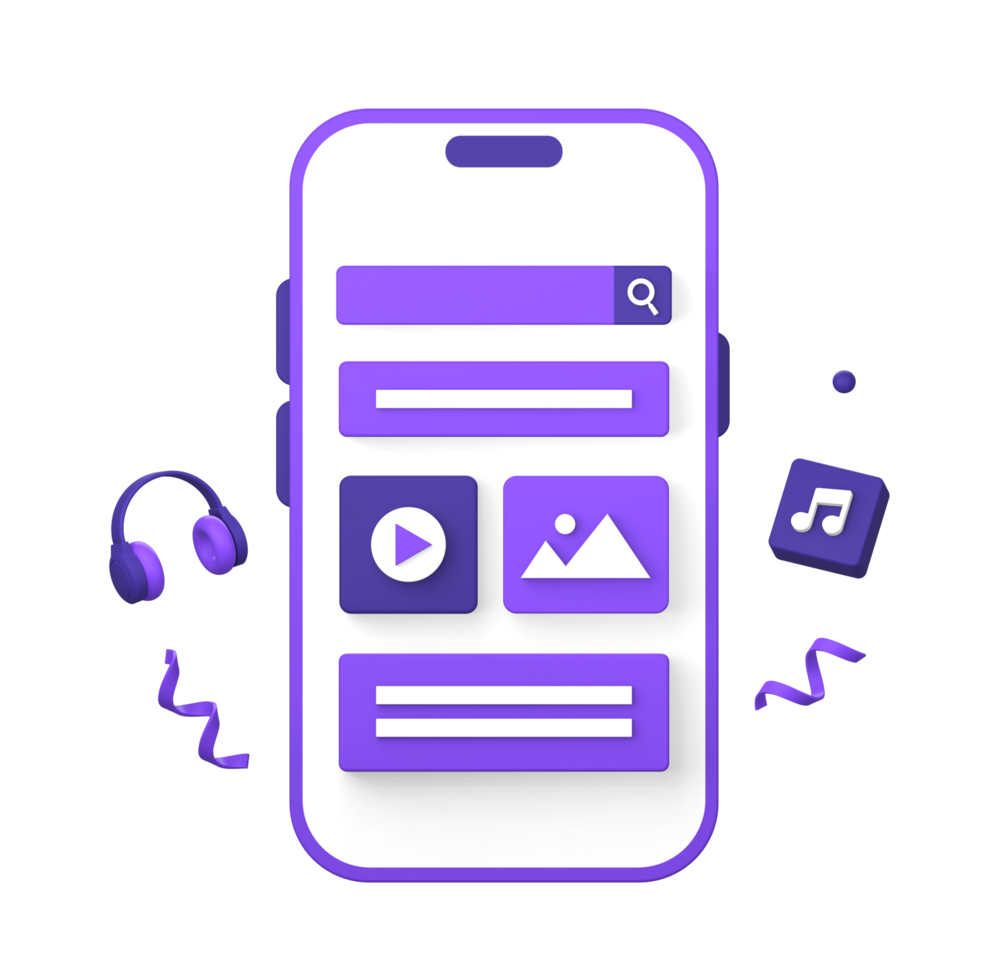 3d púrpura ilustración icono de utilizando teléfono inteligente para multimedia música vídeo y contenido creador con auricular png