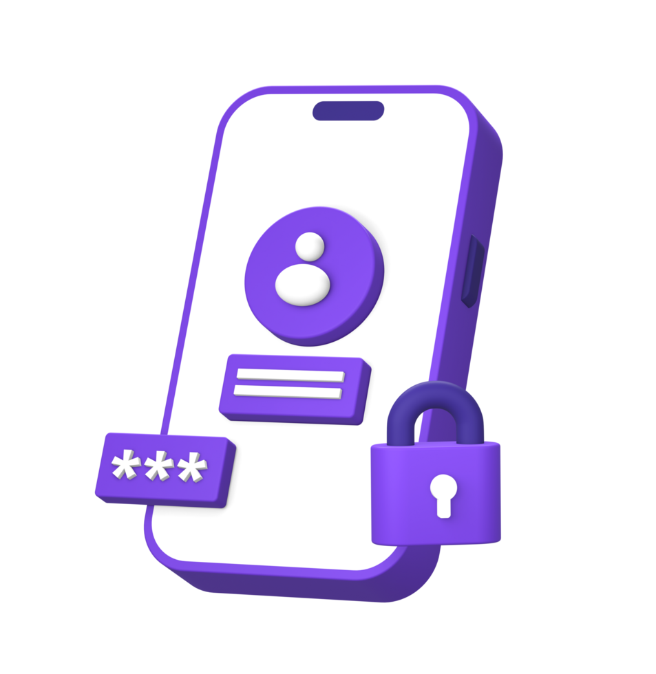 3d purple illustration icon of using smartphone for sign up or login to profile account with security padlock side png