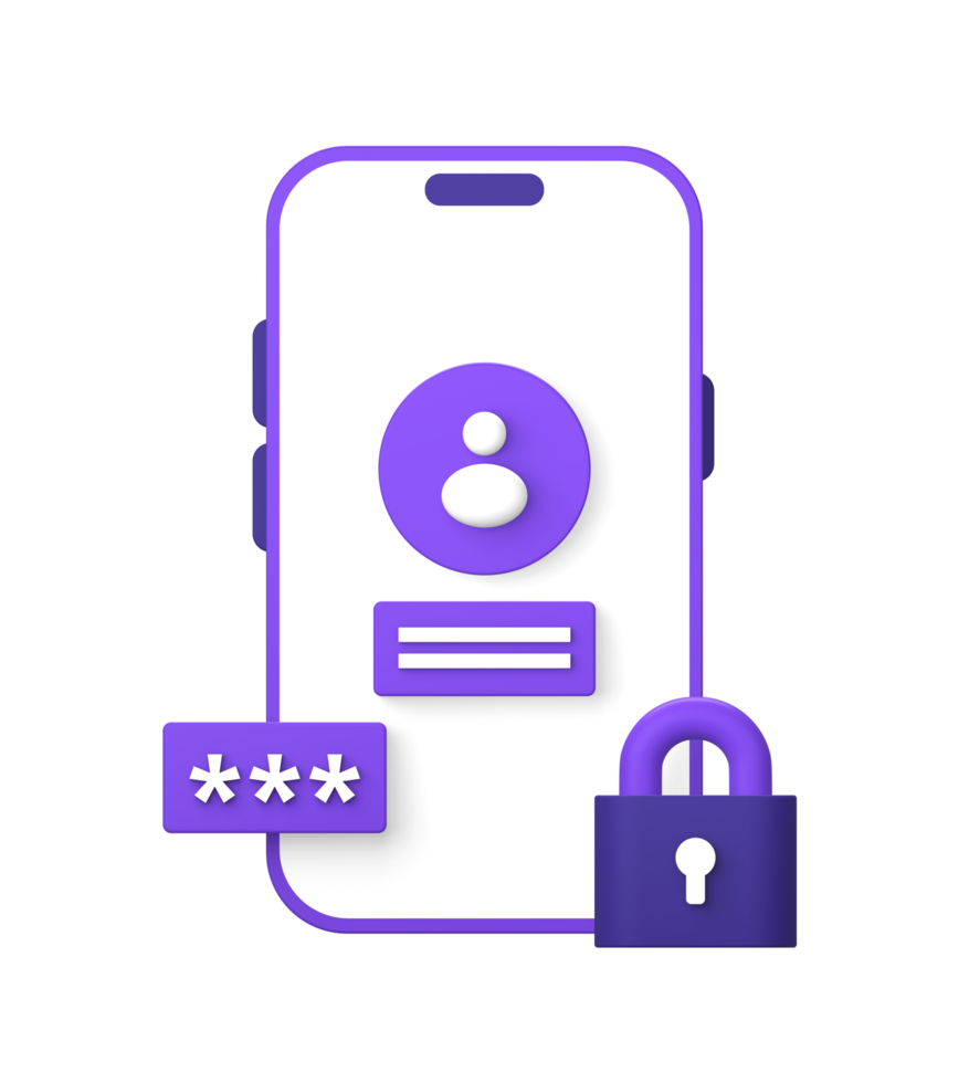 3d purple illustration icon of using smartphone for sign up or login to profile account with security padlock png