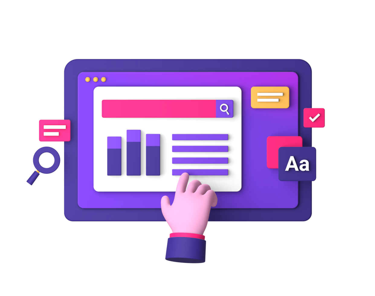 3d purple illustration icon of working on a business job with hand gesture for UI UX social media ads design png