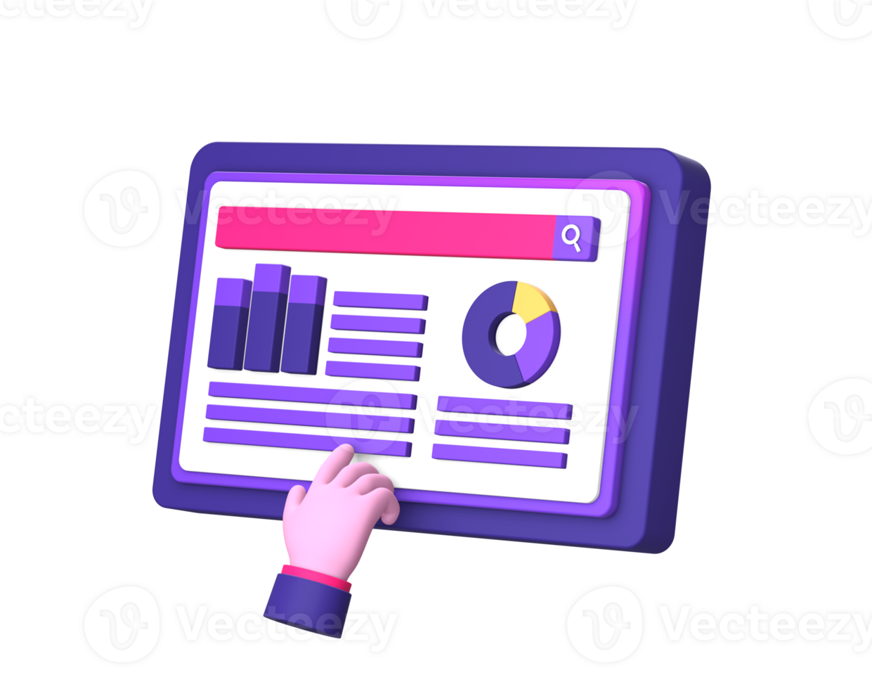 3d purple illustration icon of using tablet phone for business job with hand gesture side for UI UX social media ads design png