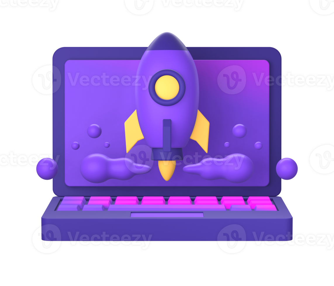 3d purple illustration icon of simple laptop with spaceship or spacecraft rocket for UI UX social media ads design png