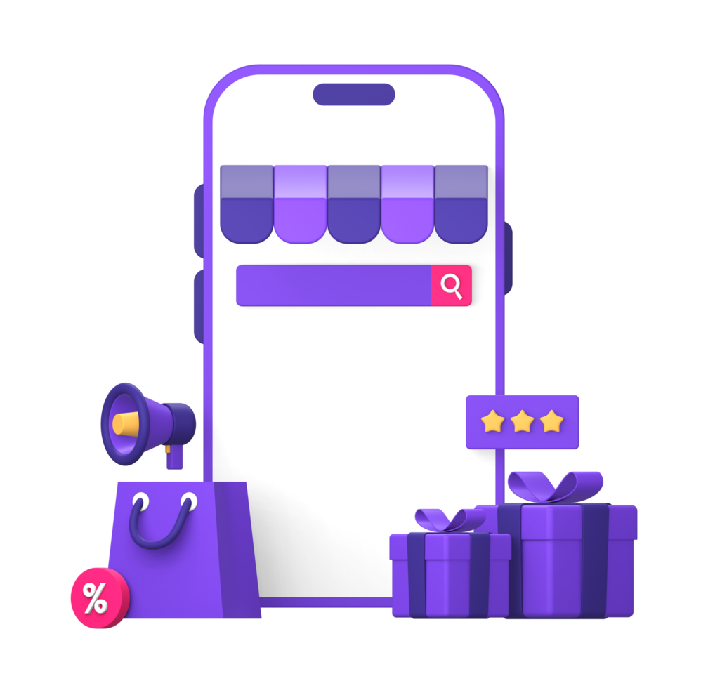 3d purple illustration icon of using smartphone in online marketplace for shopping with shopping bag and loudspeaker png