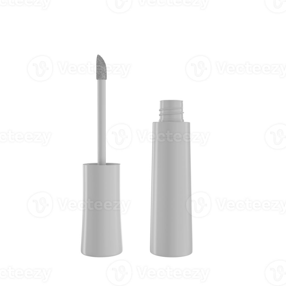 Liquid lipstick, Lip gloss in elegant glass bottle with White lid, open container with brush, isolated . Make up smear 3d illustration png