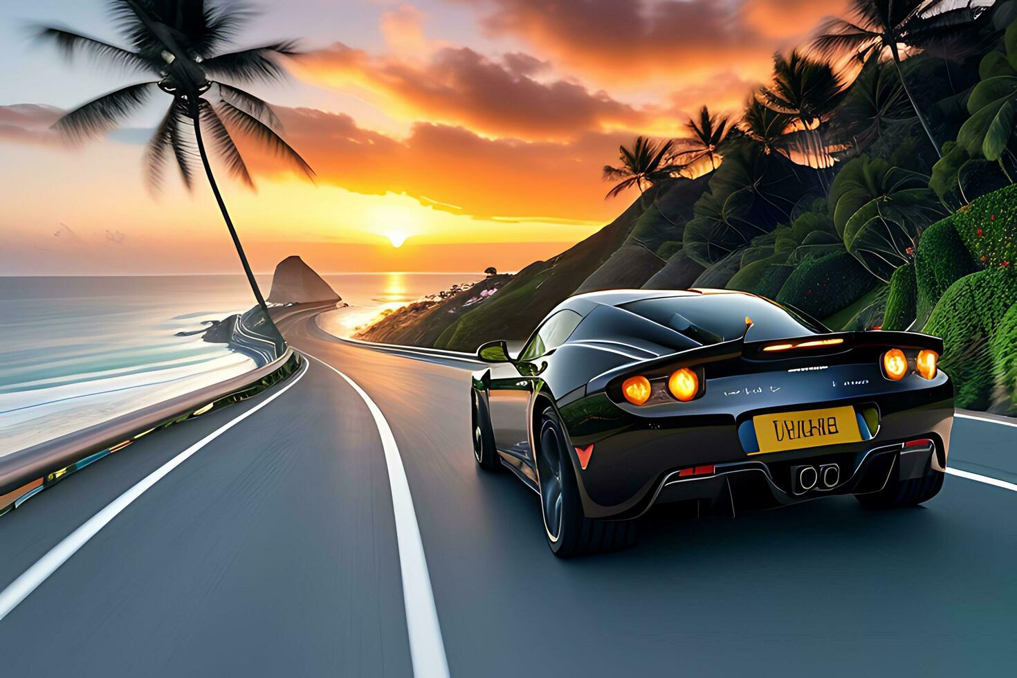 Sleek and Powerful Sports Car Speeding Along AI Generated photo