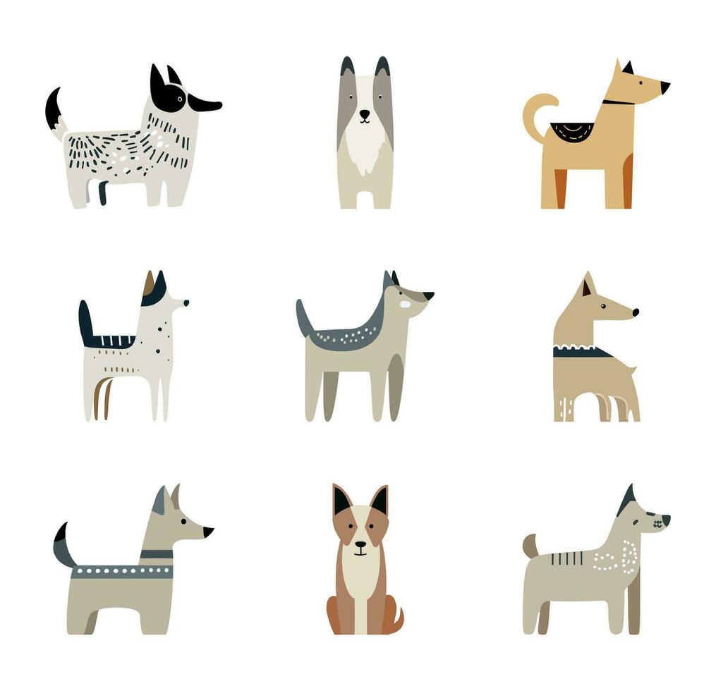 Pack of cute dogs. Dogs of different breeds in trendy flat style. vector