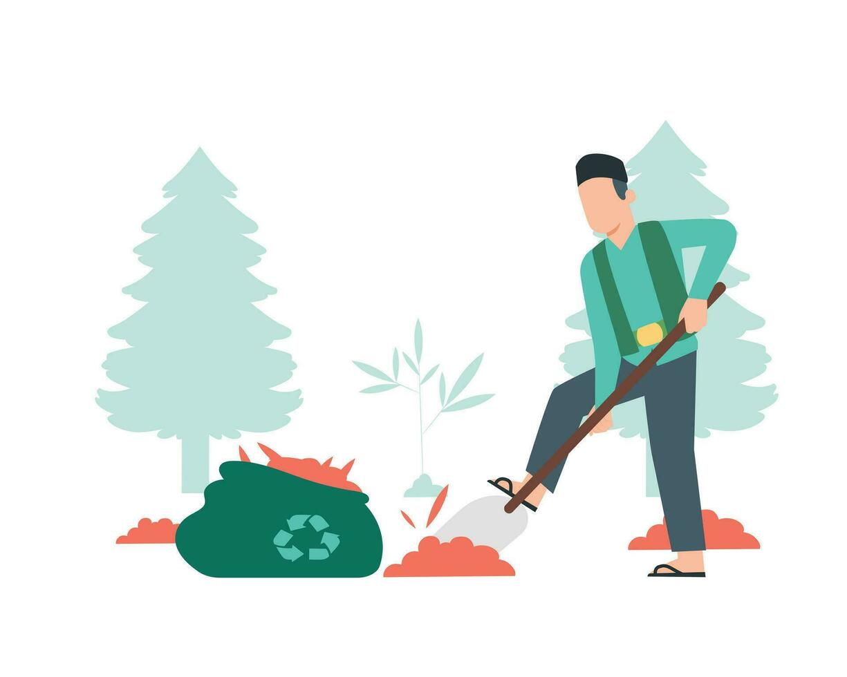 Gardener with shovel and garbage bag. Flat vector illustration.