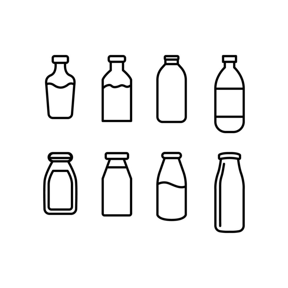 Drink bottles signage in line set, plastic or glass beverage container for liquid used for food and drink business. Milk bottle set icon. Vector illustration. Design on white background. EPS 10