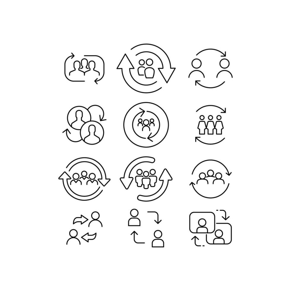 Person updating profile. Synchronize team work. Refresh team. People with arrow reload for reorganization group. Personal change line icon set. Vector illustration.Design on white background. EPS 10