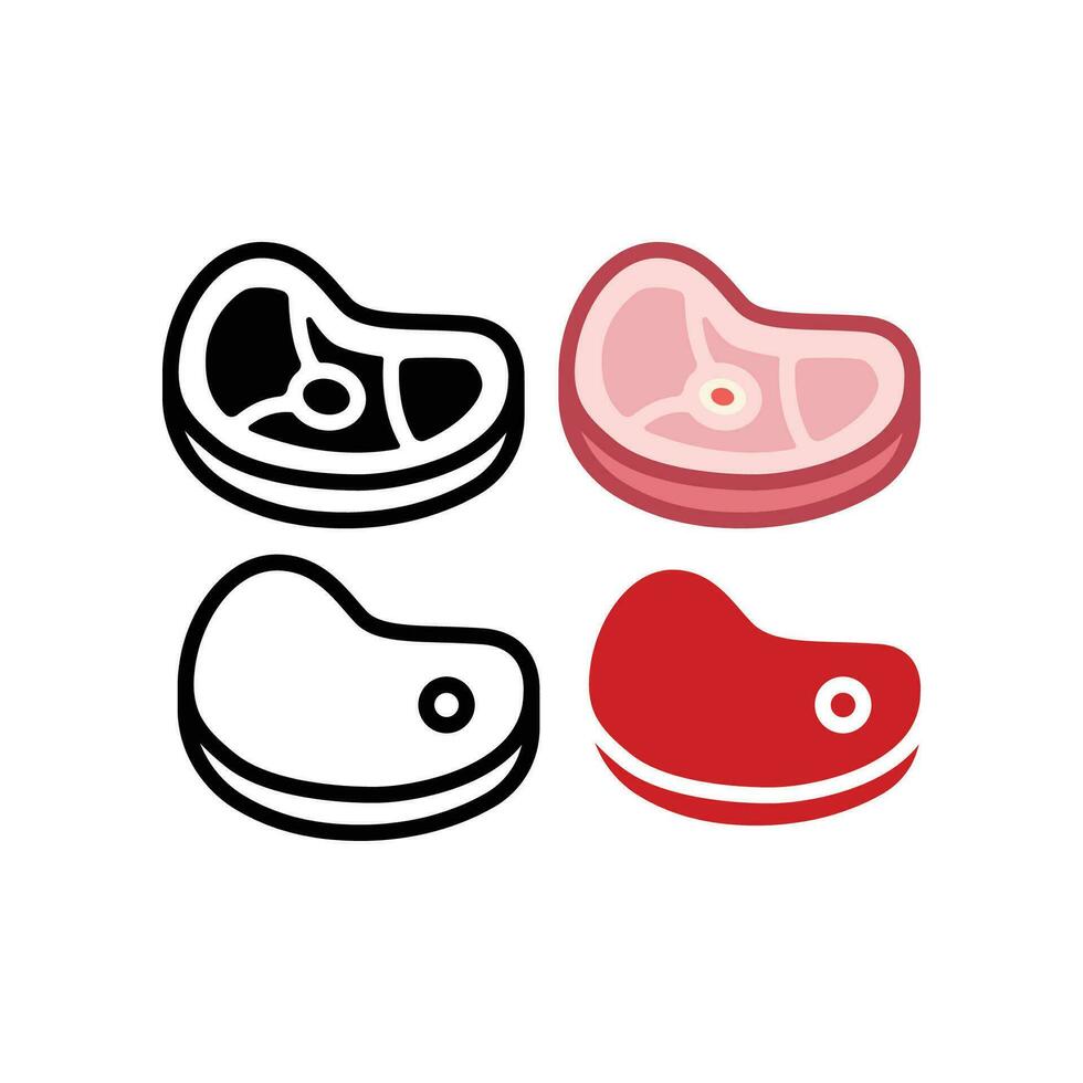 Fresh meat in butchery. Butcher shop. Organic meats. Steak beef slice for barbecue grill food. Meat icon in red color. Vector illustration. Design on white background. EPS 10
