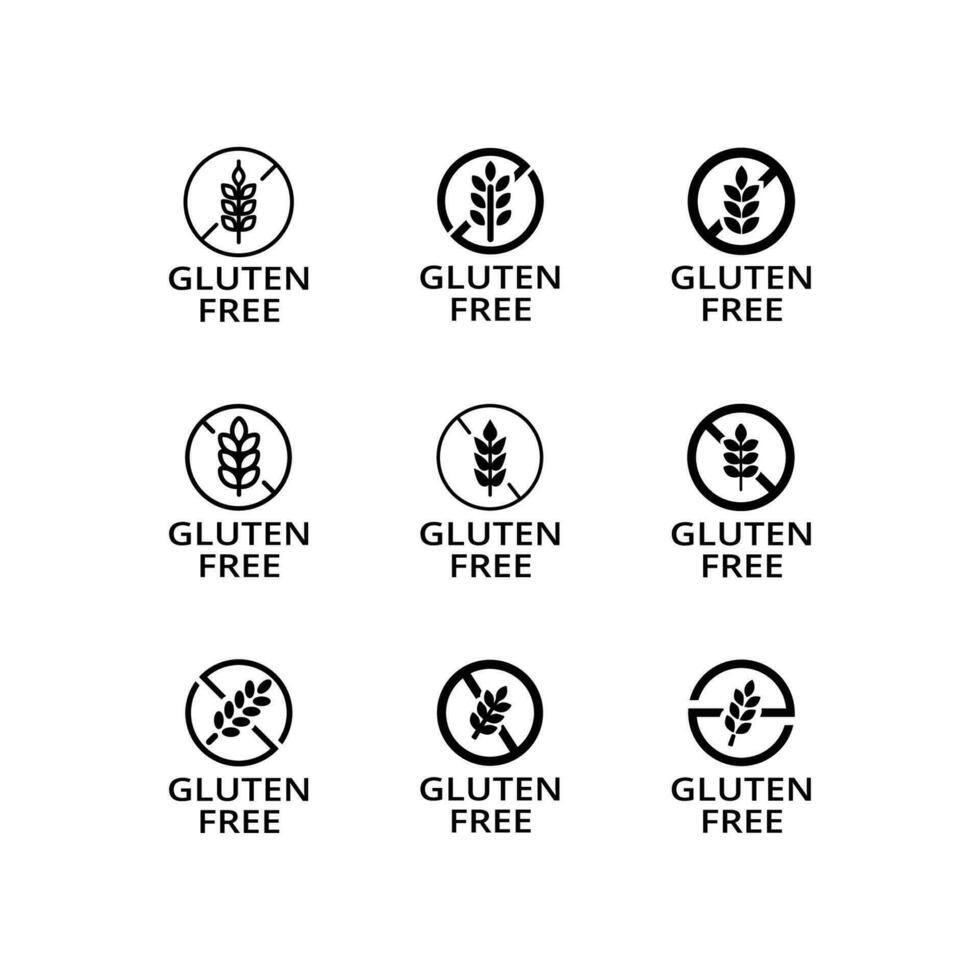 No gluten on food labels for packaging or ingredients. Food dietary label for product. No wheat symbol of allergen. Isolated gluten free icon set. Vector illustration.Design on white background. EPS10