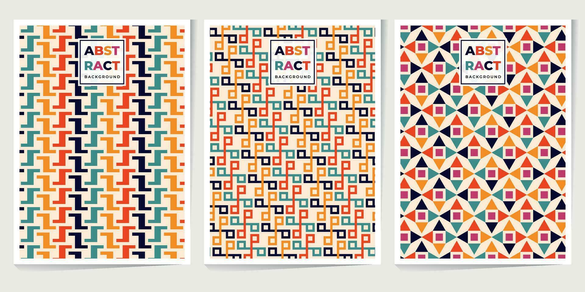 Retro geometric pattern background, vector abstract circle, triangle and square lines art. Trendy bauhaus pattern backgrounds set. Applicable for brochures, posters, covers and banners.