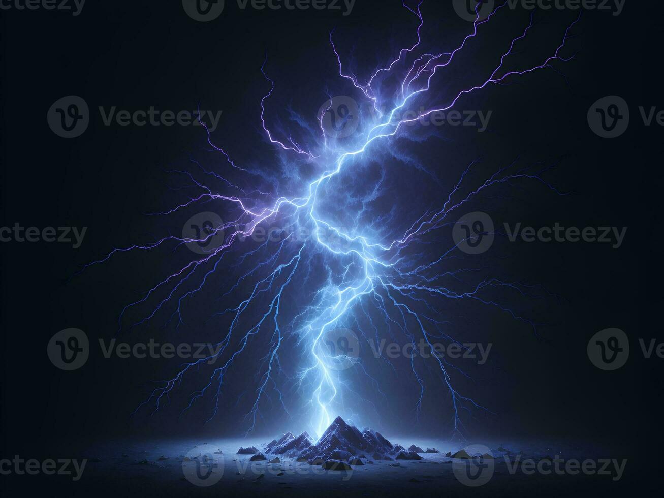 Blue electric lightning on black background. Lightning over rocks. 3d rendering, 3d illustration photo