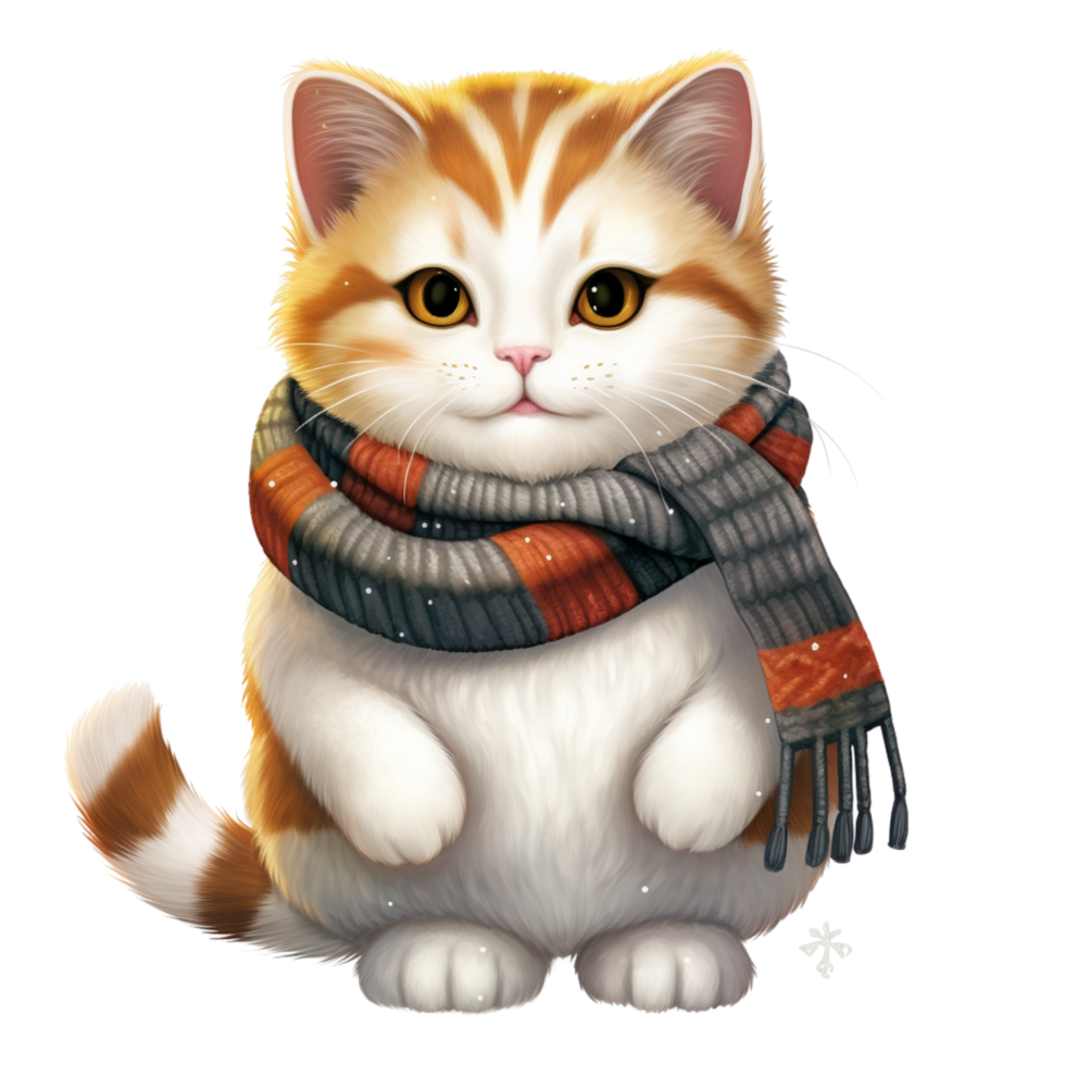 AI generative Cat cartoon character with scarf cozy feeling in winter season, Christmas festival isolation on transparent background png