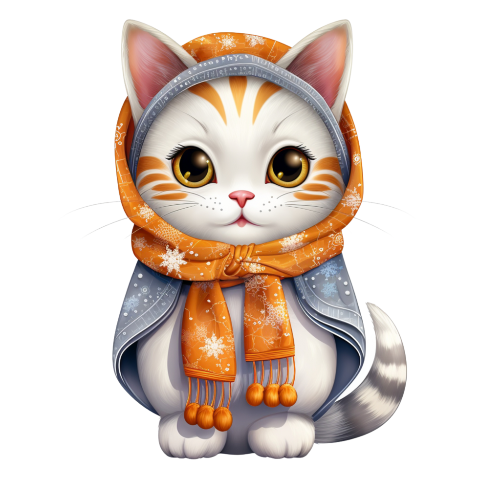 AI generative Cat cartoon character with scarf cozy feeling in winter season, Christmas festival isolation on transparent background png