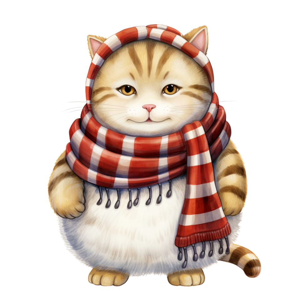 AI generative Cat cartoon character with scarf cozy feeling in winter season, Christmas festival isolation on transparent background png