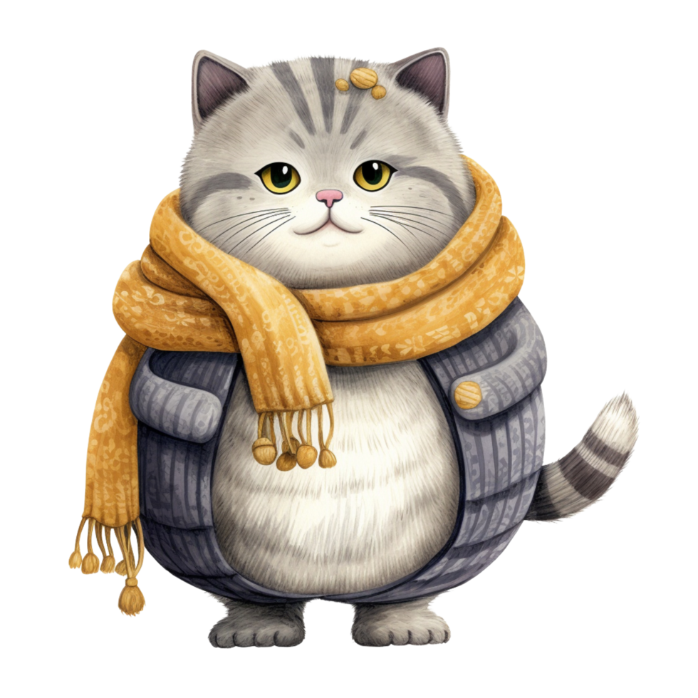 AI generative Cat cartoon character with scarf cozy feeling in winter season, Christmas festival isolation on transparent background png