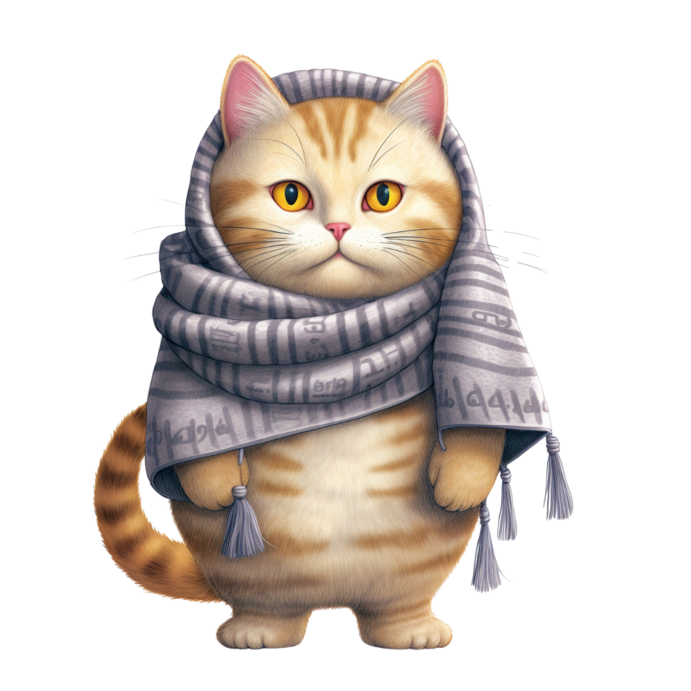 AI generative Cat cartoon character with scarf cozy feeling in winter season, Christmas festival isolation on transparent background png