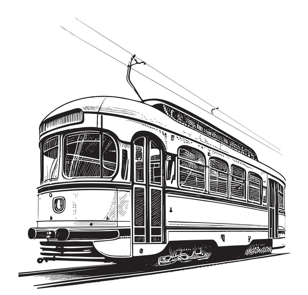 Retro tram hand drawn sketch Vector illustration