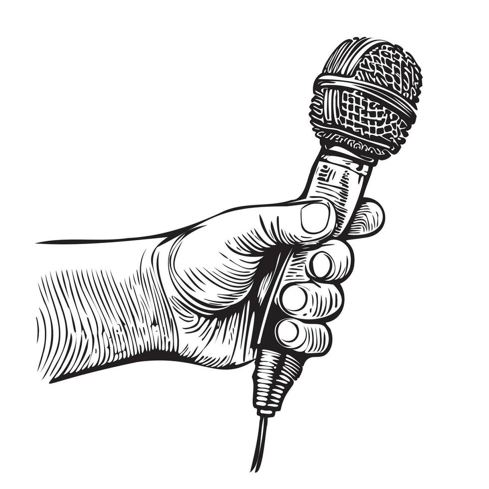 Male hand holding microphone hand drawn sketch Vector illustration Music