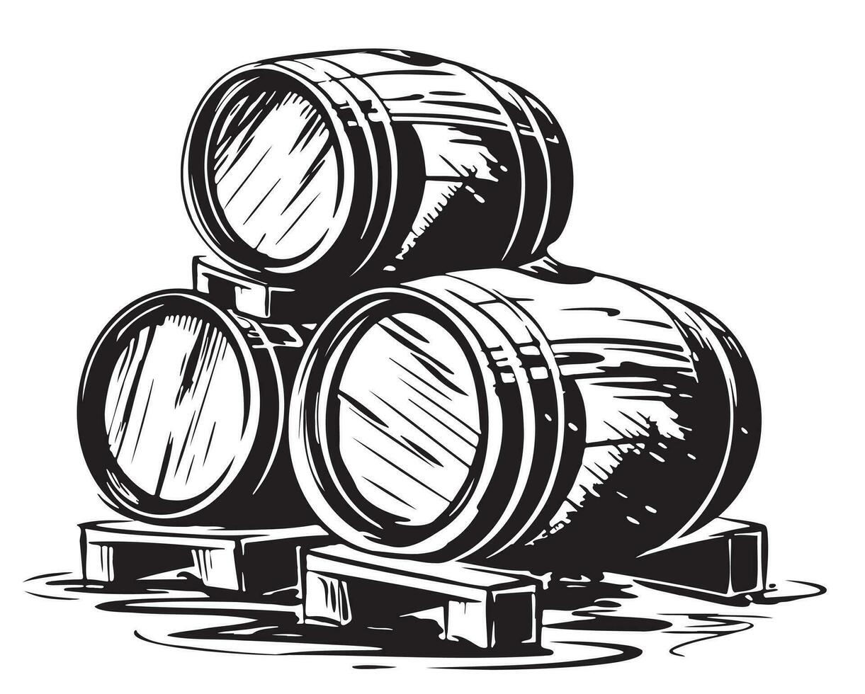 Wooden barrels for wine hand drawn sketch Vector illustration