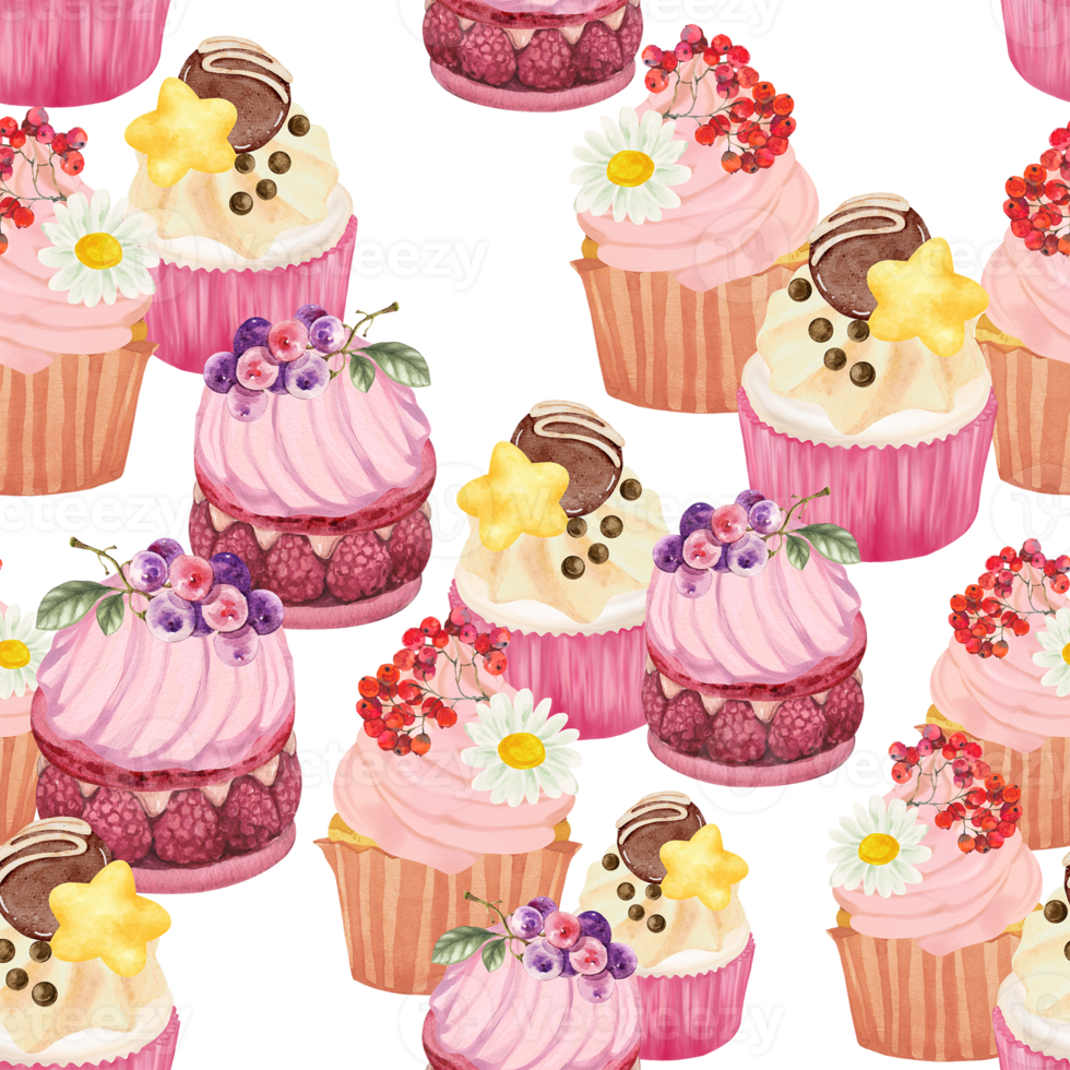 Cupcake Cake  Bread Bakery Dessert on the theme of love valentine's day  with Butter Cream and Fruit Chocolate Sprinkles seamless repeat pattern png