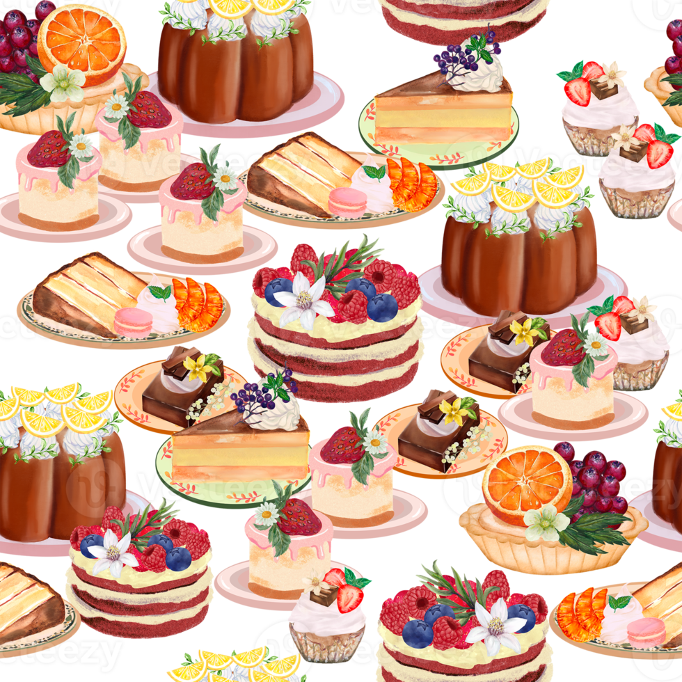 Cupcake Cake  Bread Bakery Dessert on the theme of love valentine's day  with Butter Cream and Fruit Chocolate Sprinkles seamless repeat pattern png