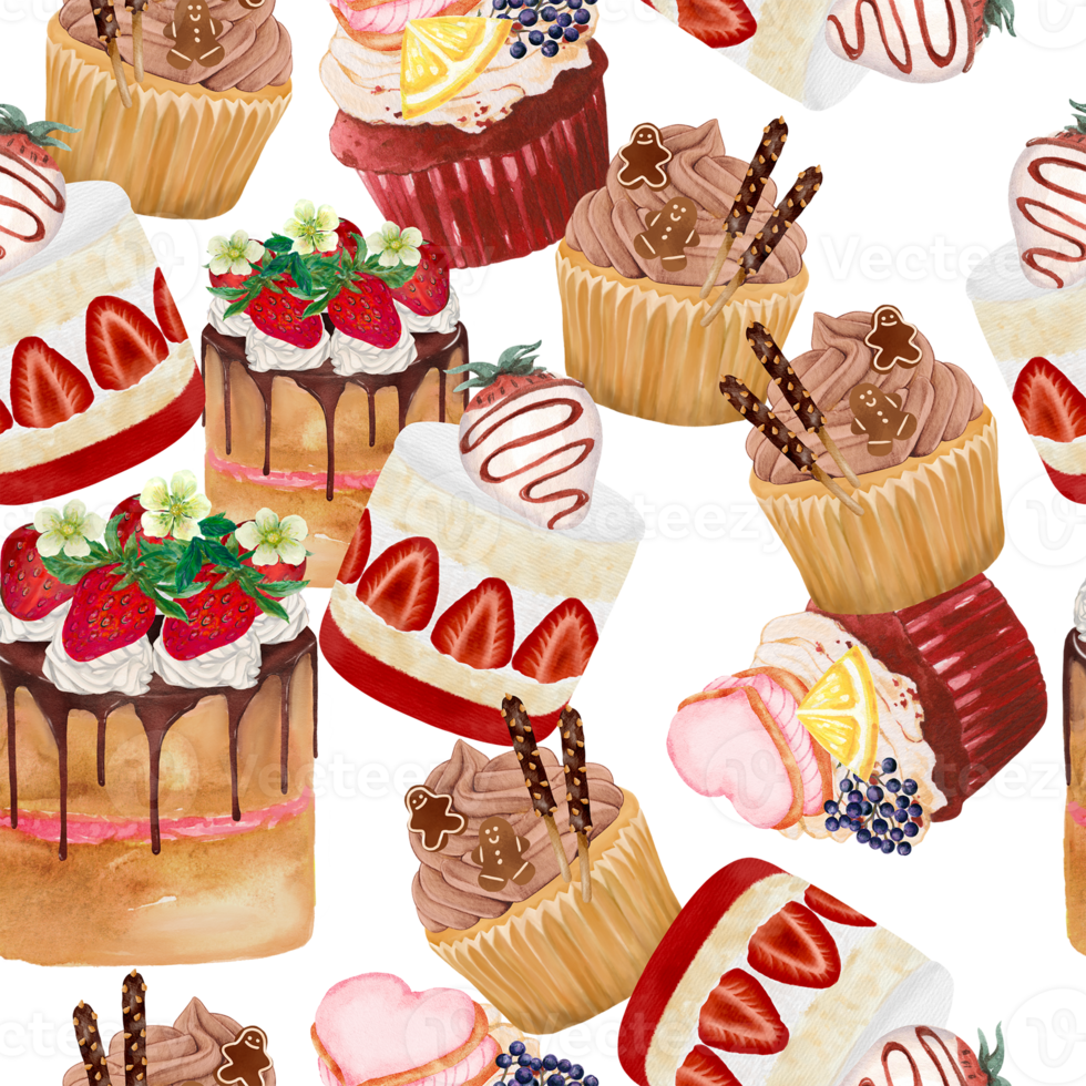 Cupcake Cake  Bread Bakery Dessert on the theme of love valentine's day  with Butter Cream and Fruit Chocolate Sprinkles seamless repeat pattern png