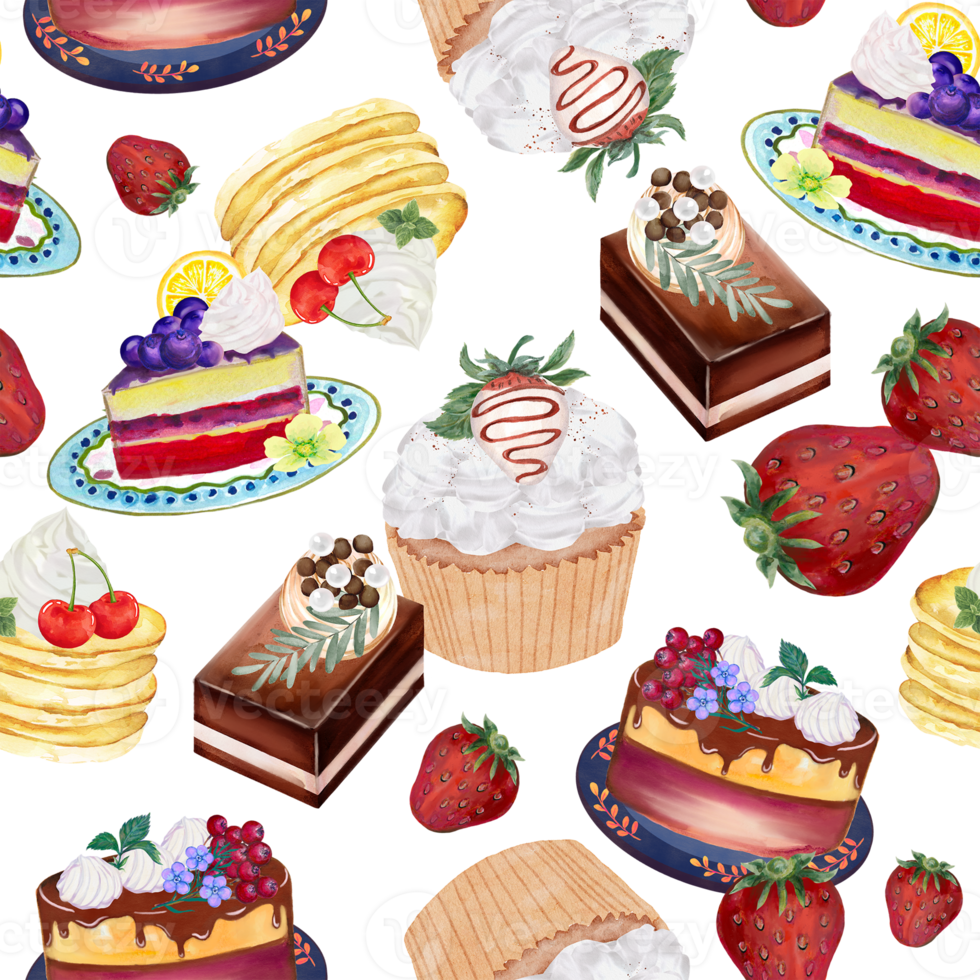 Cupcake Cake  Bread Bakery Dessert on the theme of love valentine's day  with Butter Cream and Fruit Chocolate Sprinkles seamless repeat pattern png