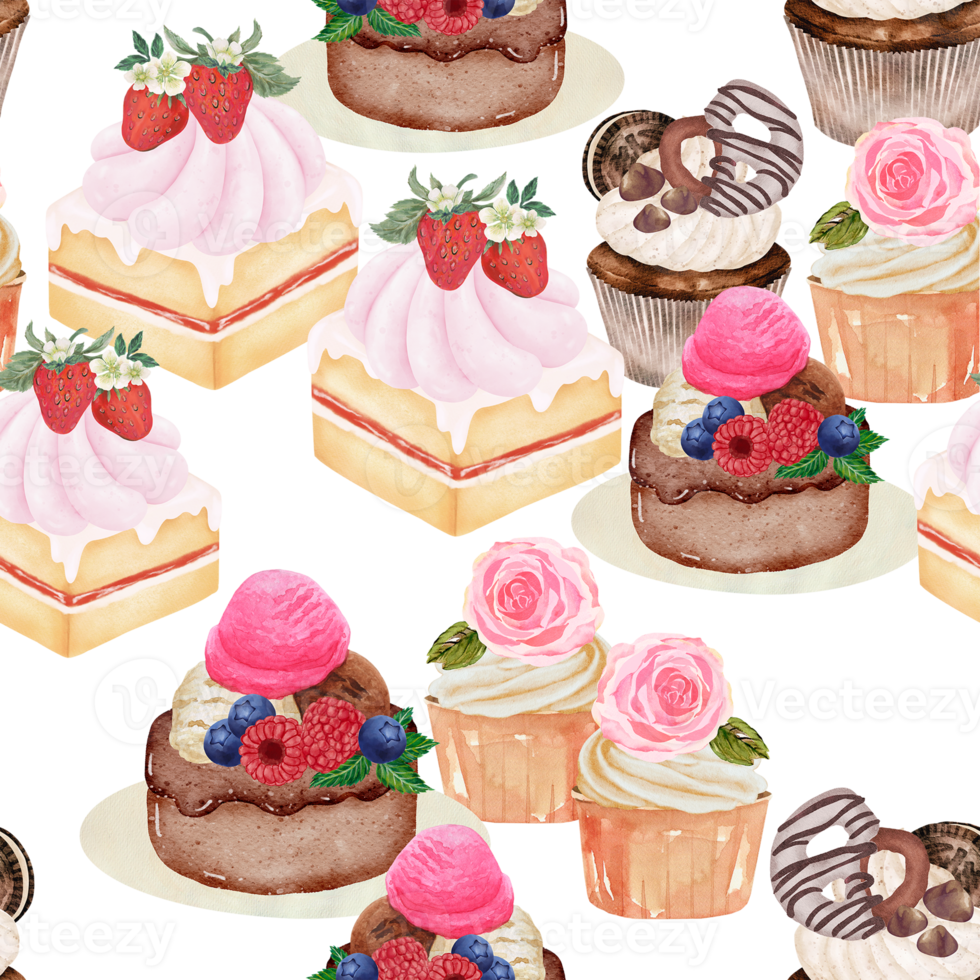 Cupcake Cake  Bread Bakery Dessert on the theme of love valentine's day  with Butter Cream and Fruit Chocolate Sprinkles seamless repeat pattern png