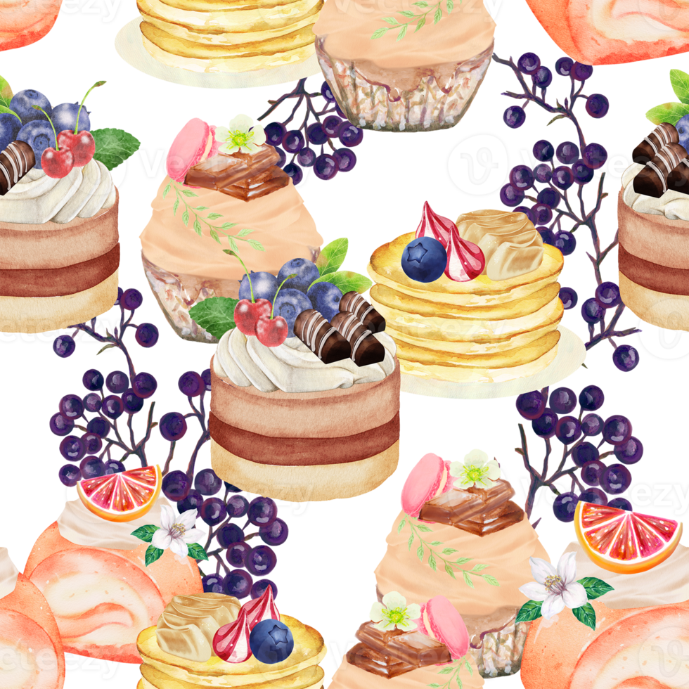 Cupcake Cake  Bread Bakery Dessert on the theme of love valentine's day  with Butter Cream and Fruit Chocolate Sprinkles seamless repeat pattern png