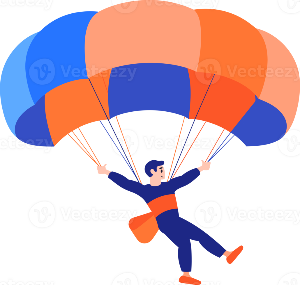 Hand Drawn adventurous traveler parachuting from the sky in flat style png
