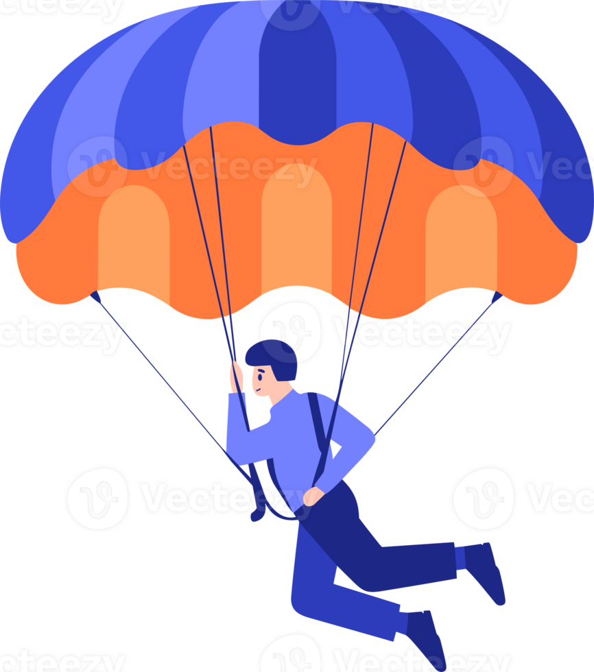 Hand Drawn adventurous traveler parachuting from the sky in flat style png
