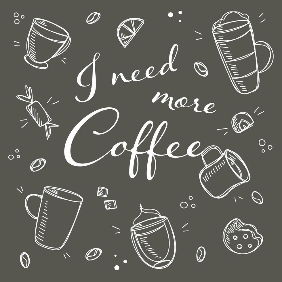 Coffee and desserts in doodle style drawn with chalk on a black board. Sketch of different cups of coffee and cappuccino. Art background for cafe shop, card, banner etc. vector