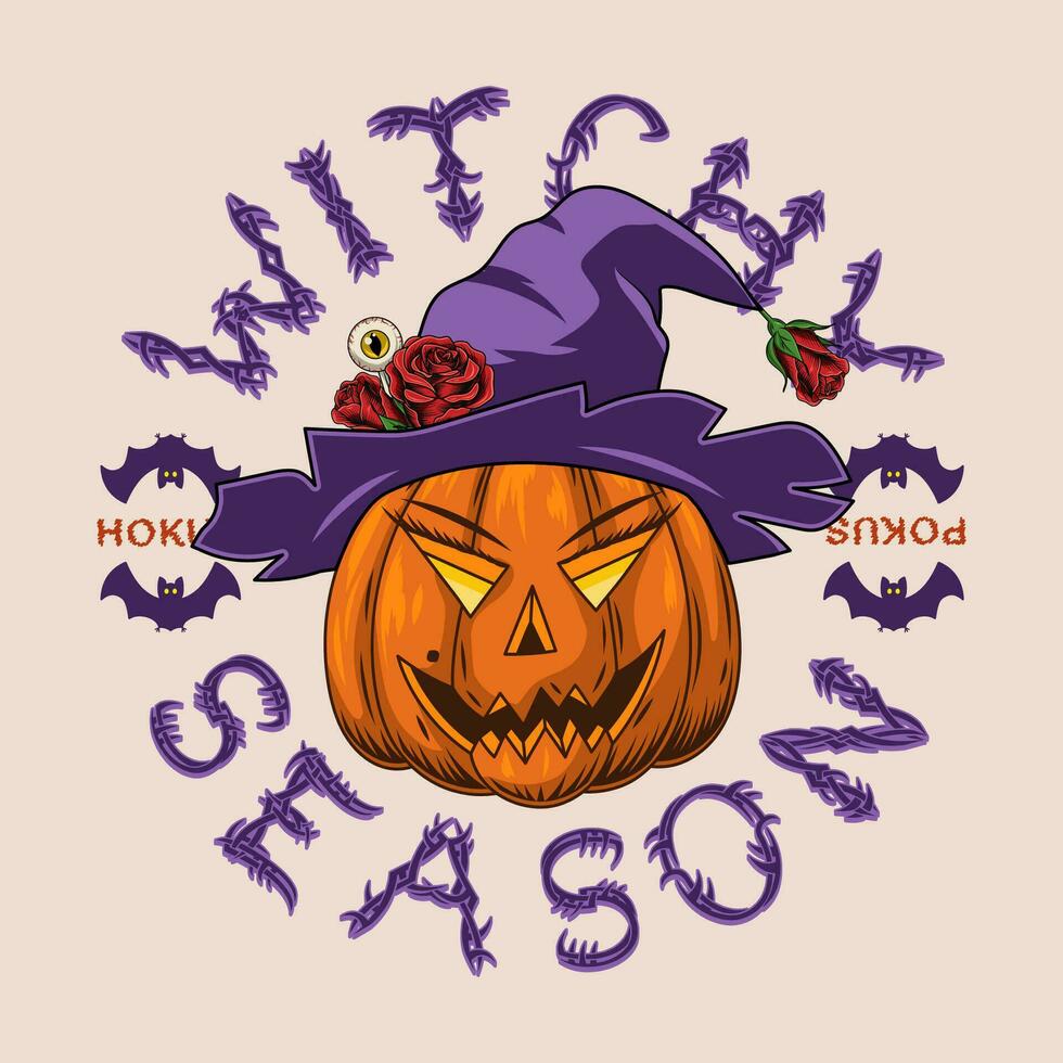 Emblem with pumpkin in witch hat vector