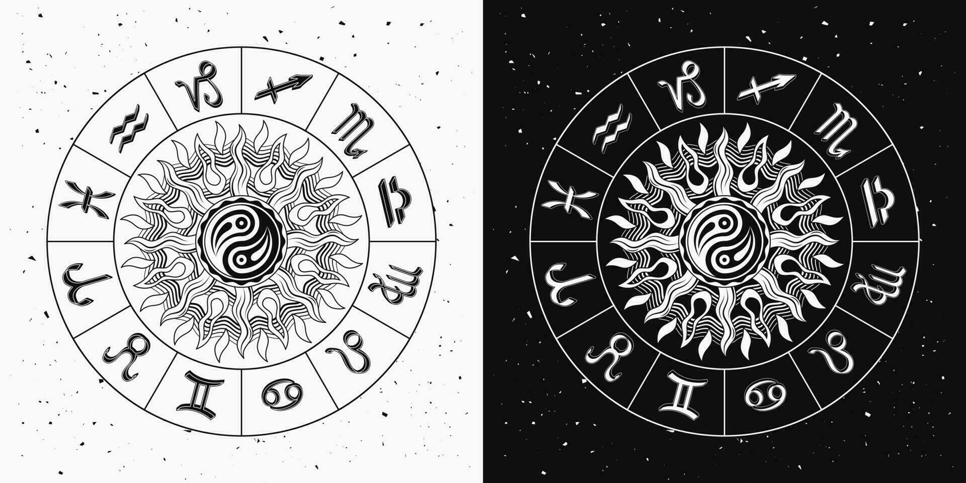Horoscope wheel with zodiac signs, sun vector