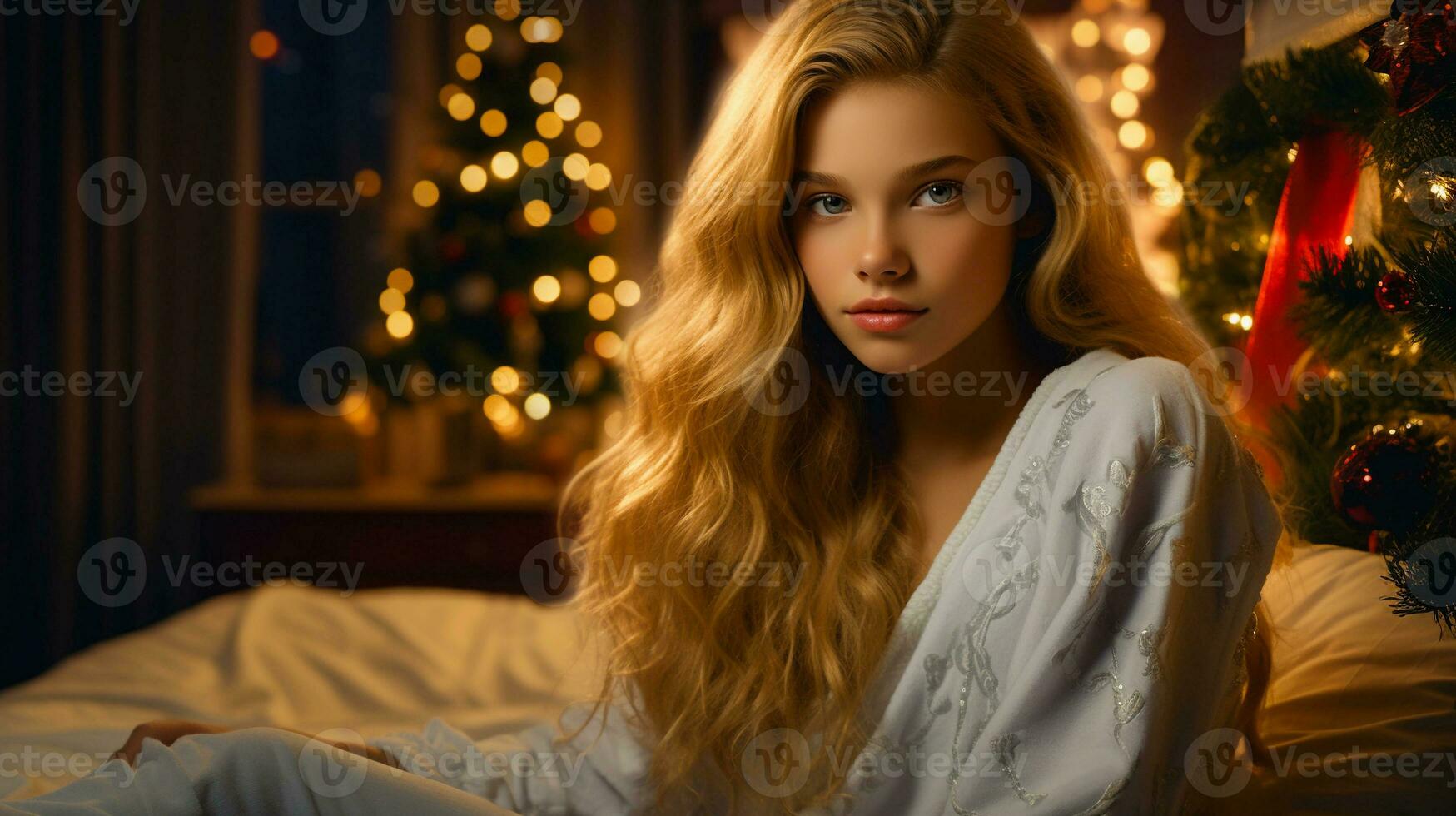 hermosa joven rubia niña es sentado en cama en un acogedor habitación decorado con nuevo años decoraciones y un Navidad árbol. foto